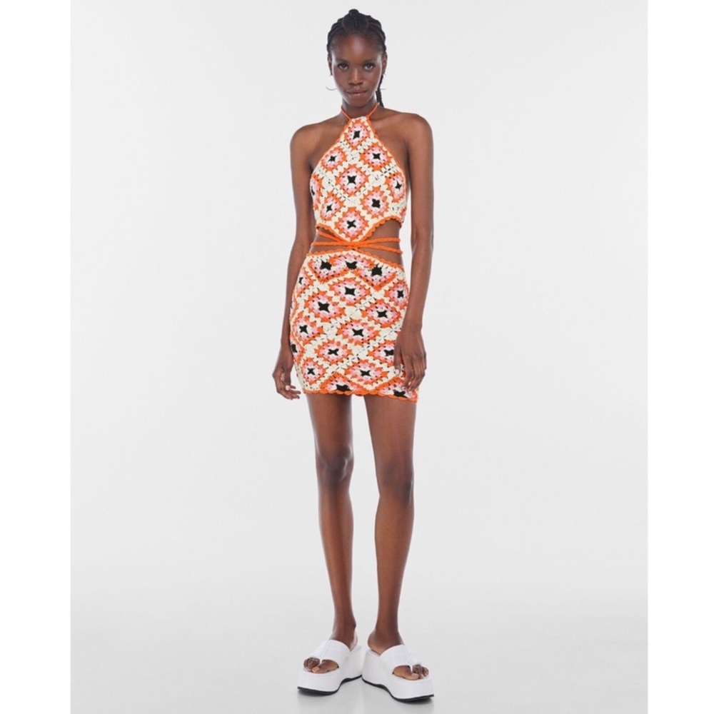 Bershka Orange White Pink Black Crochet Cutout Dress K-14 - Picture 2 of 13
